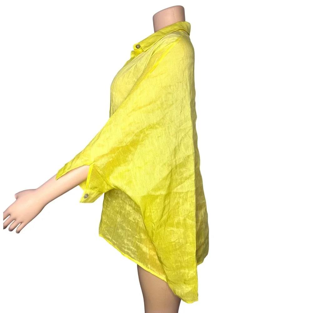 Yellow Linen Silk Women's Oversized Floral Embroidered Boho Chic Shirt Size M